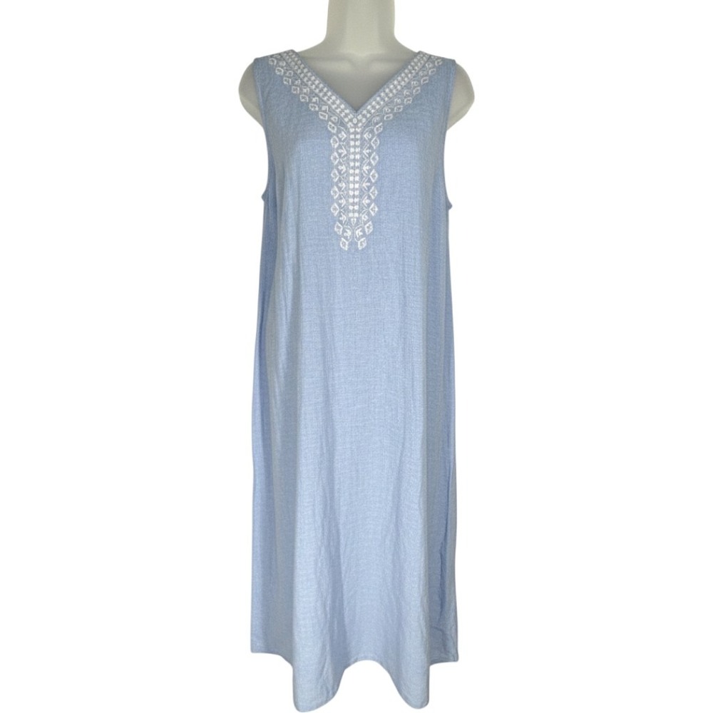 J Jill Blue Linen Embroidered Sleeveless Maxi Dress Size L P Boho Coastal Resort